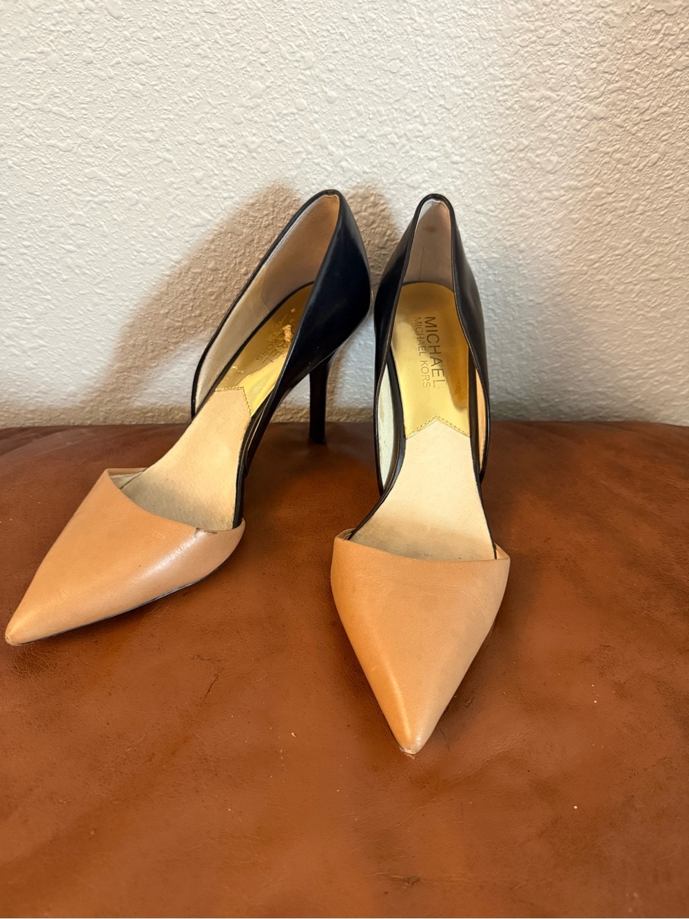 Michael Kors Two-Tone Pointed D'Orsay Pumps in Tan and Black